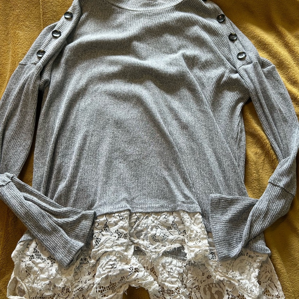 Gray Lace-Hem Tunic Top - Women's Long Sleeve